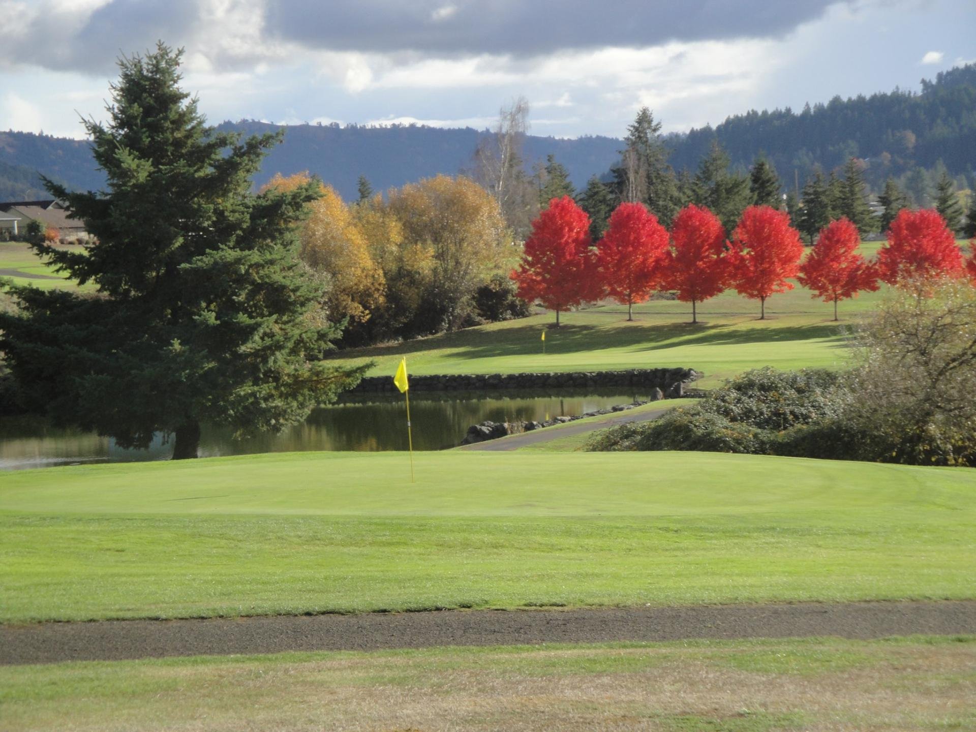 Golf course tee with red trees in background